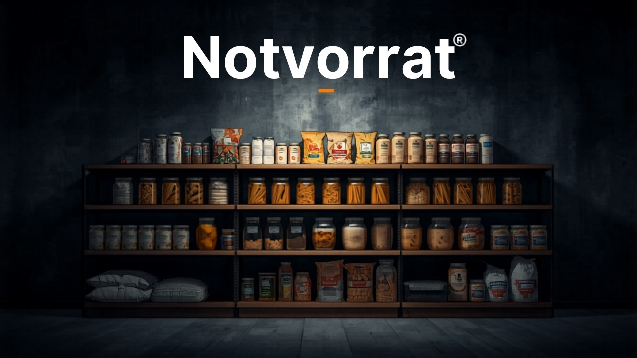 Notvorrat Lebensmittel für den Blackout — gut sortiertes Regal mit Konserven und Vorräten